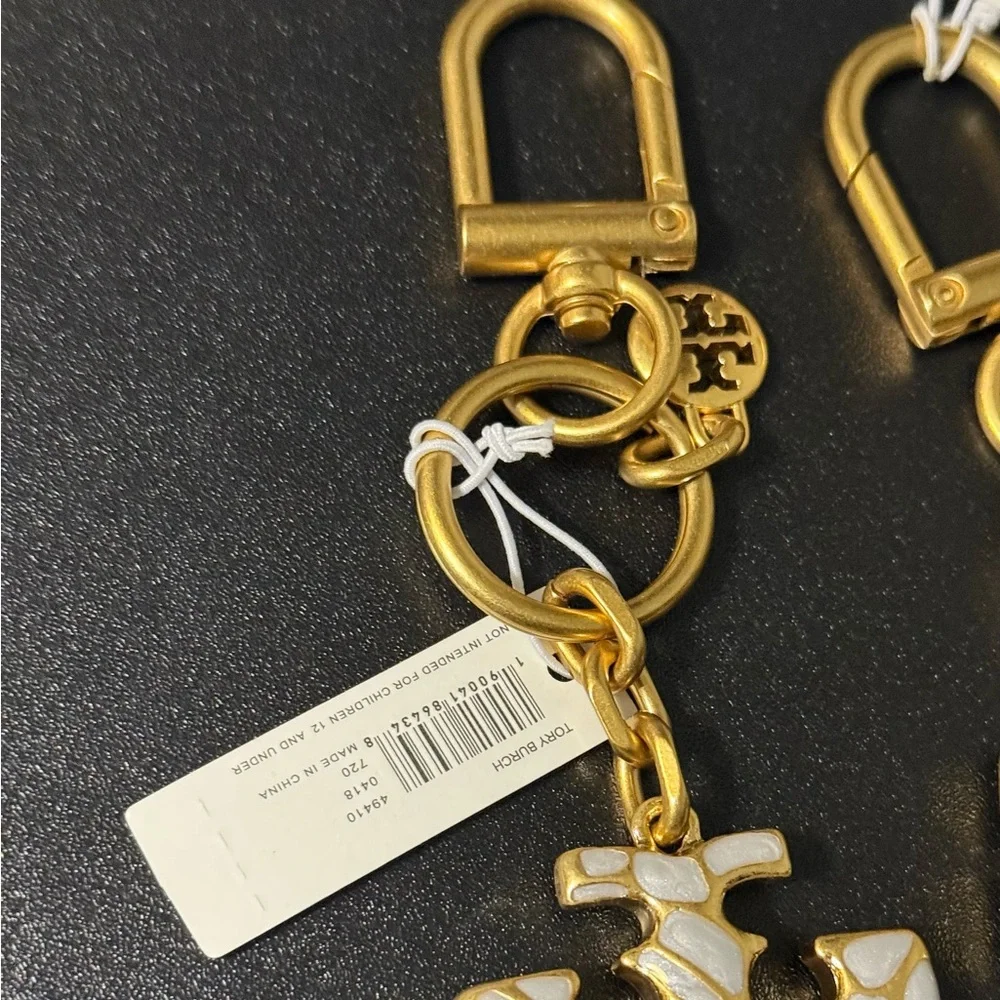 Tory Burch Gold and Cream Logo Keychain
